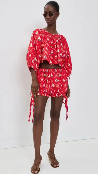 Coniglio Palm Beach Cropped Shirred Half Placket Blouse SAILING KNOTS CAPTAIN RED One Size | Thumbnail 5 Coniglio Palm Beach Cropped Shirred Half Placket Blouse SAILING KNOTS CAPTAIN RED One Size | Thumbnail 5