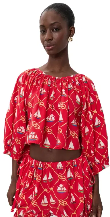 Coniglio Palm Beach Cropped Shirred Half Placket Blouse SAILING KNOTS CAPTAIN RED One Size | Thumbnail 1 Coniglio Palm Beach Cropped Shirred Half Placket Blouse SAILING KNOTS CAPTAIN RED One Size | Thumbnail 1