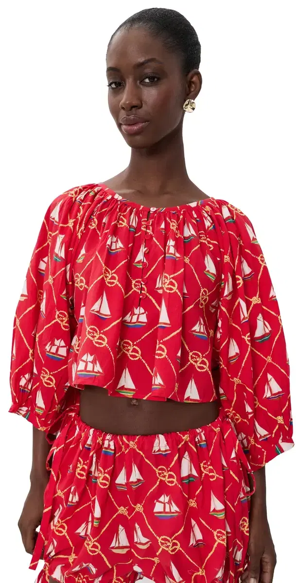 Coniglio Palm Beach Cropped Shirred Half Placket Blouse SAILING KNOTS CAPTAIN RED One Size