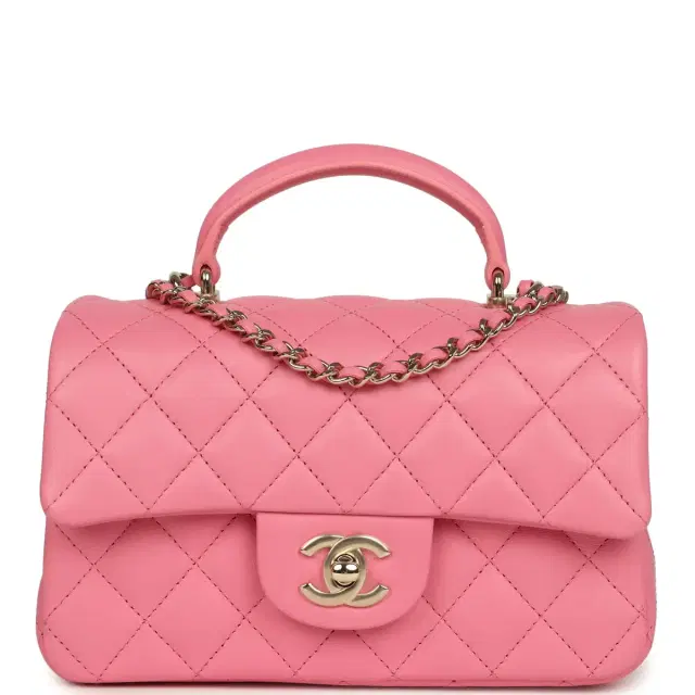 Chanel Chanel Mini Rectangular Flap Bag with Top Handle Pink Lambskin Light Gold Hardware