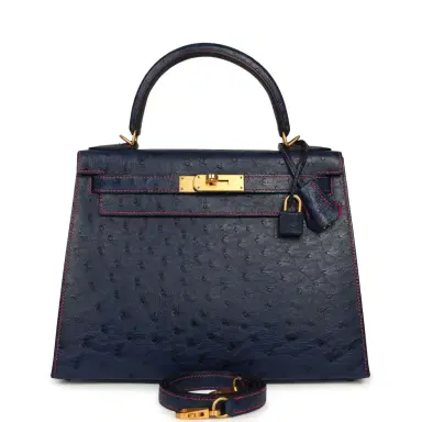 HERMÈS Pre-owned Hermes Special Order (HSS) Kelly Sellier 28 Bleu Iris Verso Ostrich Brushed Gold Hardware | Thumbnail 1 HERMÈS Pre-owned Hermes Special Order (HSS) Kelly Sellier 28 Bleu Iris Verso Ostrich Brushed Gold Hardware | Thumbnail 1