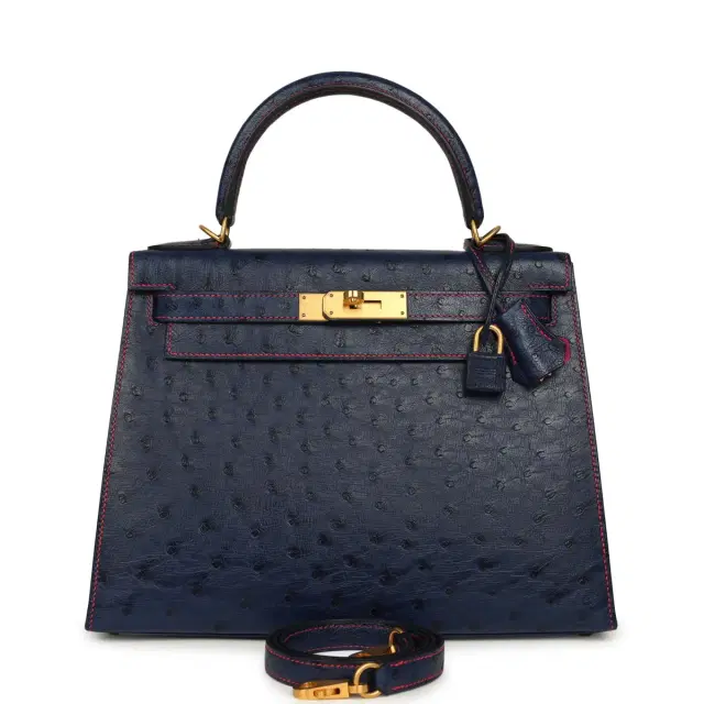 HERMÈS Pre-owned Hermes Special Order (HSS) Kelly Sellier 28 Bleu Iris Verso Ostrich Brushed Gold Hardware