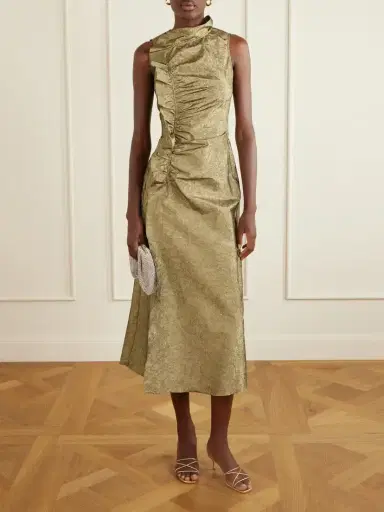 Ulla Johnson Demetria Asymmetric Ruffled Metallic Taffeta Midi Dress | Thumbnail 2