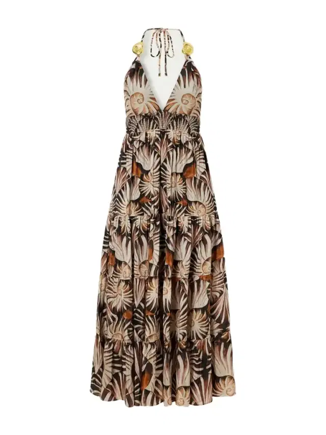 Farm Rio Embellished Printed Shirred Tiered Georgette Halterneck Midi Dress