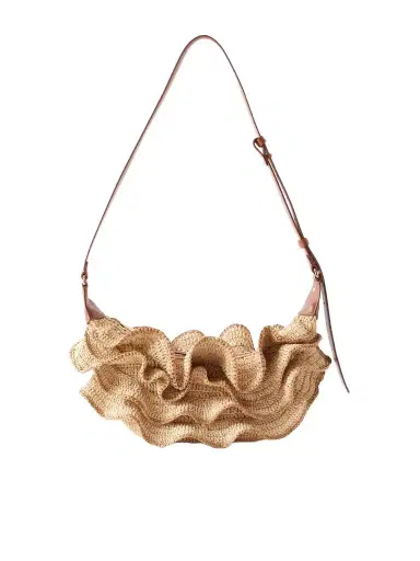 Zimmermann Goldentime Ruffled Leather-trimmed Raffia Shoulder Bag | Thumbnail 1 Zimmermann Goldentime Ruffled Leather-trimmed Raffia Shoulder Bag | Thumbnail 1