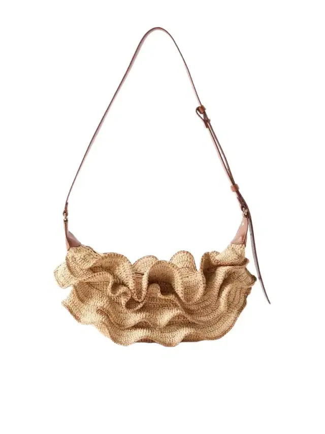 Zimmermann Goldentime Ruffled Leather-trimmed Raffia Shoulder Bag