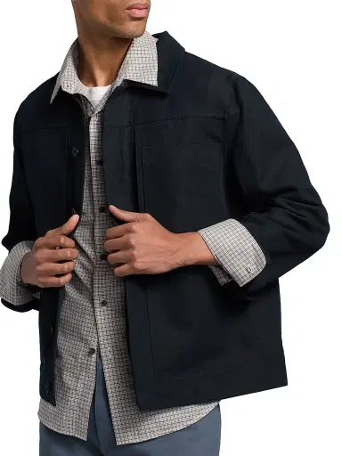 Vince Men's Pleated Cotton-Linen Trucker Jacket - Coastal | Thumbnail 6