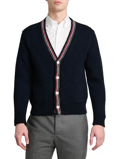 Thom Browne Men's Donegal RWB Stripe Wool-Mohair Cardigan - Navy - Size XXL | Thumbnail 3 Thom Browne Men's Donegal RWB Stripe Wool-Mohair Cardigan - Navy - Size XXL | Thumbnail 3