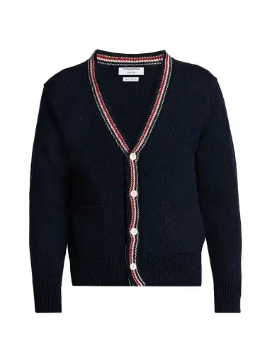 Thom Browne Men's Donegal RWB Stripe Wool-Mohair Cardigan - Navy - Size XXL | Thumbnail 1 Thom Browne Men's Donegal RWB Stripe Wool-Mohair Cardigan - Navy - Size XXL | Thumbnail 1