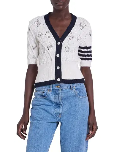 Thom Browne Women's Argyle Pointelle Knit Short-Sleeve Cardigan | Thumbnail 3 Thom Browne Women's Argyle Pointelle Knit Short-Sleeve Cardigan | Thumbnail 3