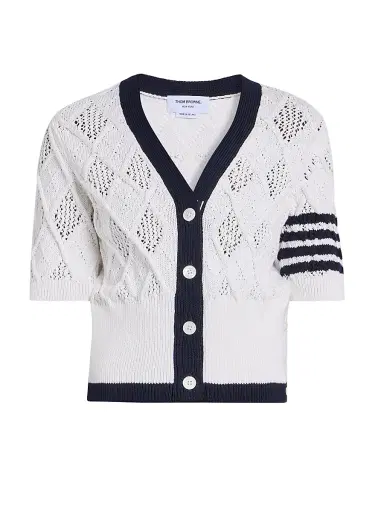 Thom Browne Women's Argyle Pointelle Knit Short-Sleeve Cardigan | Thumbnail 1 Thom Browne Women's Argyle Pointelle Knit Short-Sleeve Cardigan | Thumbnail 1
