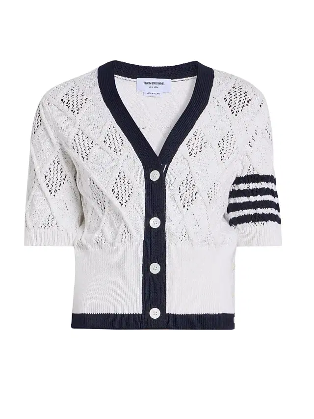 Thom Browne Women's Argyle Pointelle Knit Short-Sleeve Cardigan - White