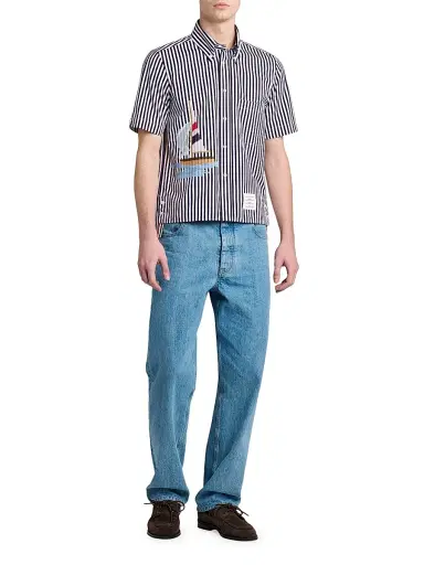 Thom Browne Men's Sailboat-Embroidered Uni Wide Striped Poplin Shirt - Navy - Size XXL | Thumbnail 2 Thom Browne Men's Sailboat-Embroidered Uni Wide Striped Poplin Shirt - Navy - Size XXL | Thumbnail 2
