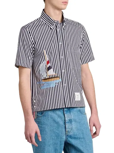Thom Browne Men's Sailboat-Embroidered Uni Wide Striped Poplin Shirt - Navy - Size XXL | Thumbnail 4 Thom Browne Men's Sailboat-Embroidered Uni Wide Striped Poplin Shirt - Navy - Size XXL | Thumbnail 4