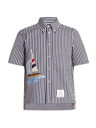 Thom Browne Men's Sailboat-Embroidered Uni Wide Striped Poplin Shirt - Navy - Size XXL | Thumbnail 1 Thom Browne Men's Sailboat-Embroidered Uni Wide Striped Poplin Shirt - Navy - Size XXL | Thumbnail 1