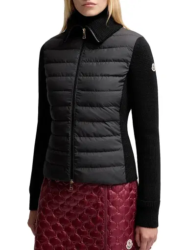 Moncler Women's Down Filled Zip Up Cardigan in Wool - Black | Thumbnail 2 Moncler Women's Down Filled Zip Up Cardigan in Wool - Black | Thumbnail 2