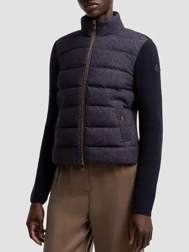 Moncler Women's Down-Filled Cardigan in Wool and Cashmere - Navy Blue | Thumbnail 2