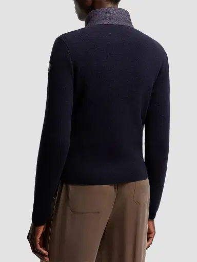 Moncler Women's Down-Filled Cardigan in Wool and Cashmere - Navy Blue | Thumbnail 3
