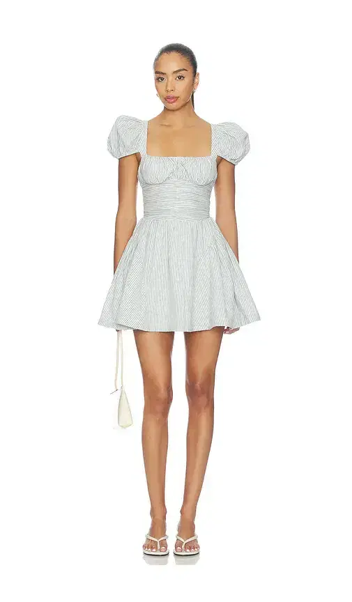 For Love & Lemons Saltwater Striped Linen Puff Sleeve Mini Dress