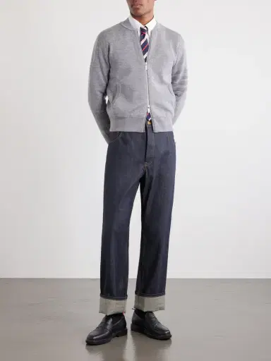 Thom Browne Striped Wool, Linen and Cotton-Blend Zip-Up Cardigan - Men | Thumbnail 2 Thom Browne Striped Wool, Linen and Cotton-Blend Zip-Up Cardigan - Men | Thumbnail 2
