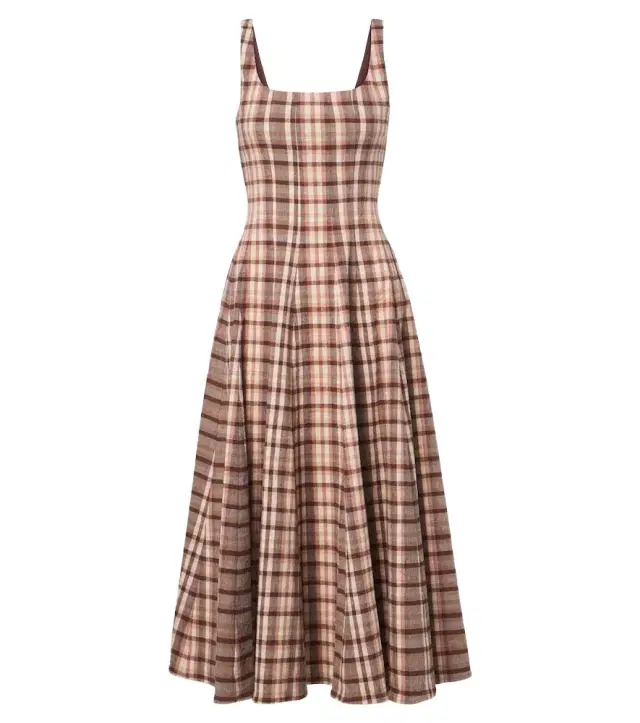 Staud Wells checked linen-blend midi dress