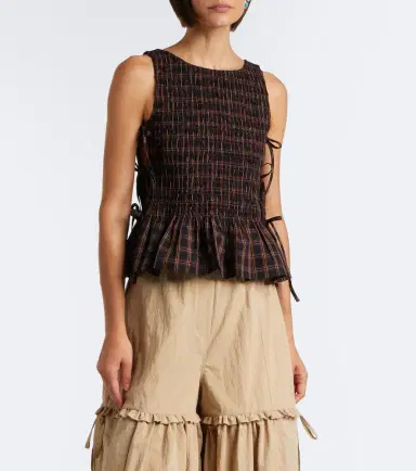Ganni Checked shirred cotton top | Thumbnail 5