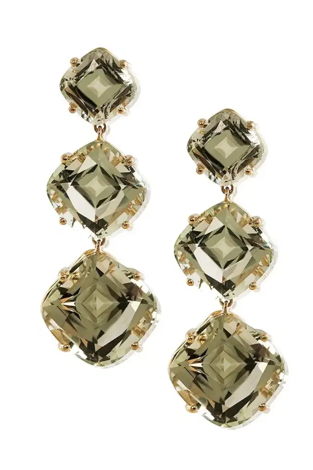 GOSHWARA Prasiolite Cushion Three Stone Gossip Earrings