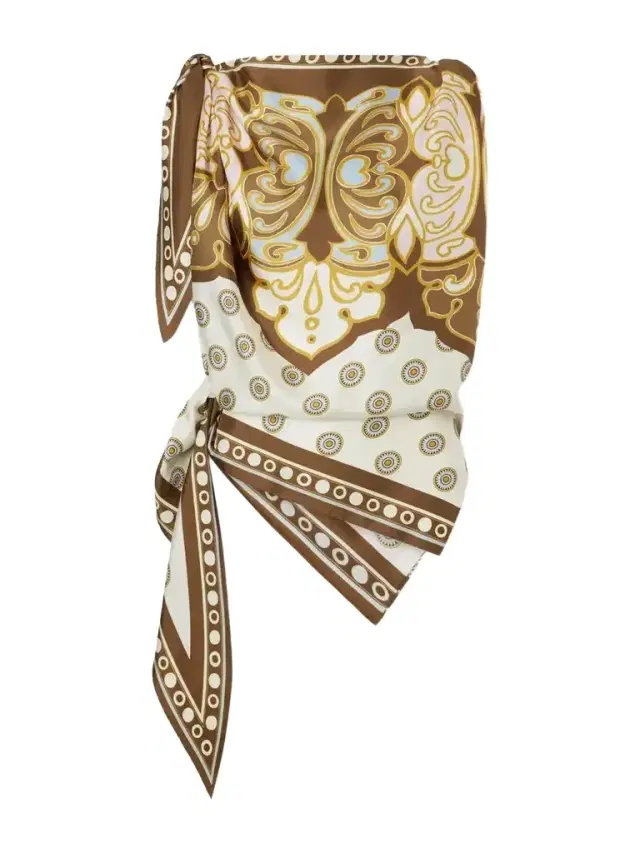La DoubleJ Asymmetric Knotted Printed Silk-satin Blouse