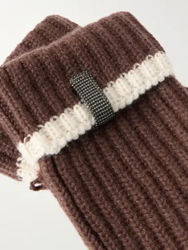 Brunello Cucinelli Bead-embellished Striped Ribbed Cashmere Mittens | Thumbnail 2 Brunello Cucinelli Bead-embellished Striped Ribbed Cashmere Mittens | Thumbnail 2