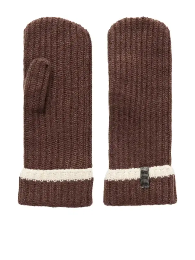 Brunello Cucinelli Bead-embellished Striped Ribbed Cashmere Mittens