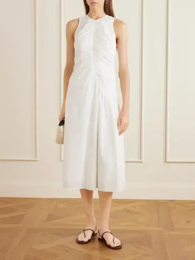 Theory Ruched Cotton-blend Sateen Midi Dress | Thumbnail 2 Theory Ruched Cotton-blend Sateen Midi Dress | Thumbnail 2