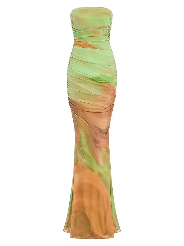 Retrofête Women's Isadore Abstract Print Mesh Trumpet Maxi Dress - Pera Brushstroke