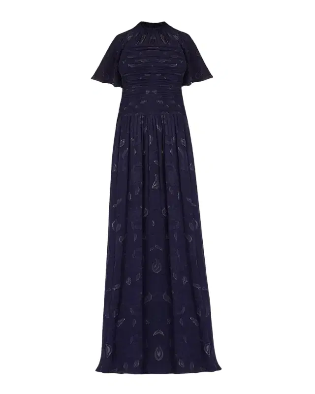 Serafina Flutter-Sleeve Floral Burnout Gown