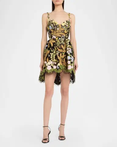 Oscar de la Renta Mixed Botanical Embroidered Tulle High-Low Bustier Dress | Thumbnail 2