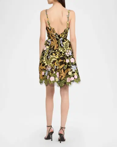 Oscar de la Renta Mixed Botanical Embroidered Tulle High-Low Bustier Dress | Thumbnail 3
