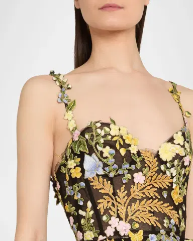 Oscar de la Renta Mixed Botanical Embroidered Tulle High-Low Bustier Dress | Thumbnail 5