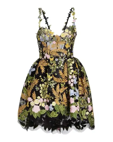 Oscar de la Renta Mixed Botanical Embroidered Tulle High-Low Bustier Dress | Thumbnail 1