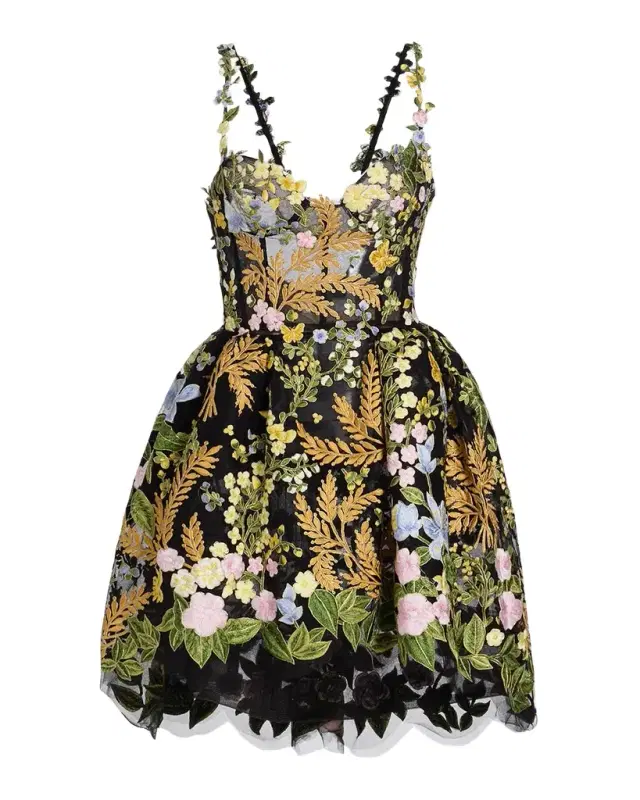 Oscar de la Renta Mixed Botanical Embroidered Tulle High-Low Bustier Dress