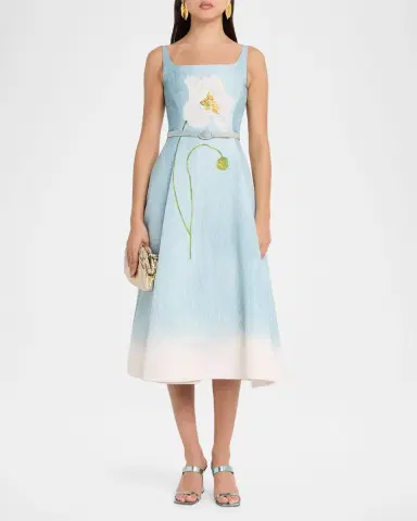 Oscar de la Renta Sleeveless Scoop-Neck Peony Faille Midi Day Dress | Thumbnail 2