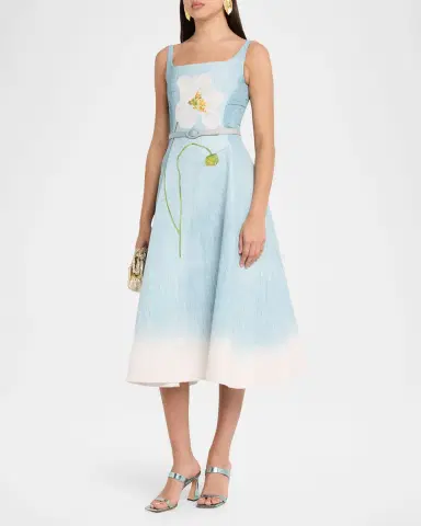 Oscar de la Renta Sleeveless Scoop-Neck Peony Faille Midi Day Dress | Thumbnail 4