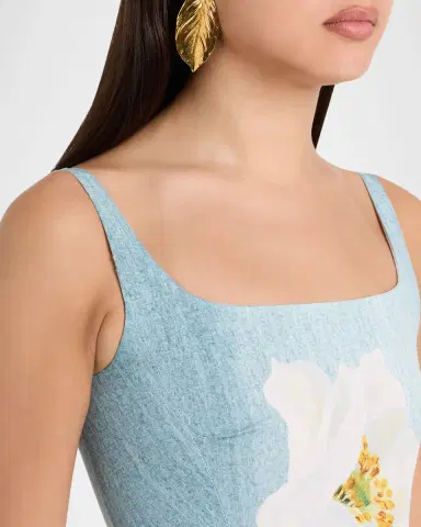 Oscar de la Renta Sleeveless Scoop-Neck Peony Faille Midi Day Dress | Thumbnail 5