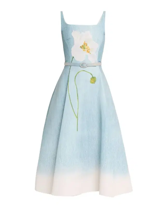 Oscar de la Renta Sleeveless Scoop-Neck Peony Faille Midi Day Dress