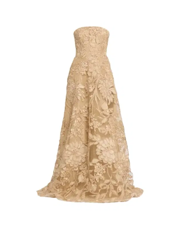 Naeem Khan Floral Raffia Strapless Gown
