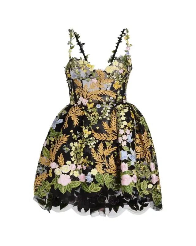 Oscar de la Renta Mixed Botanical Embroidered Tulle High-Low Bustier Dress