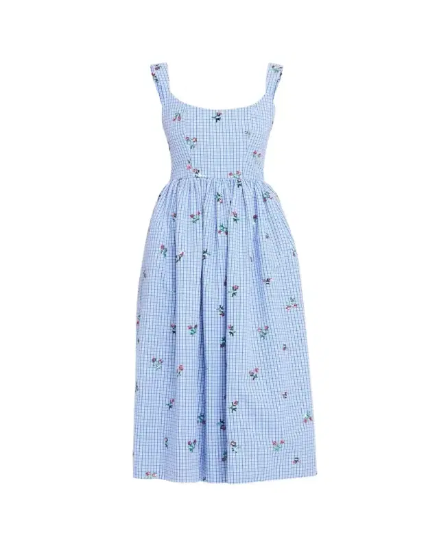 Nara Sequin Embroidered Check Fit-And-Flare Midi Dress