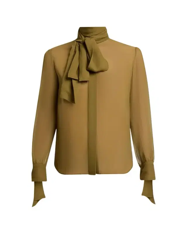 Saint Laurent Lavalliere Silk Long-Sleeve Blouse