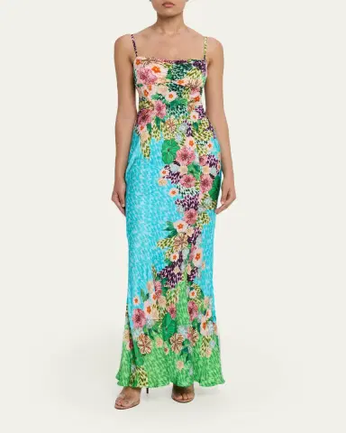 Saloni Renee Long Floral Silk Spaghetti-Strap Dress | Thumbnail 2 Saloni Renee Long Floral Silk Spaghetti-Strap Dress | Thumbnail 2