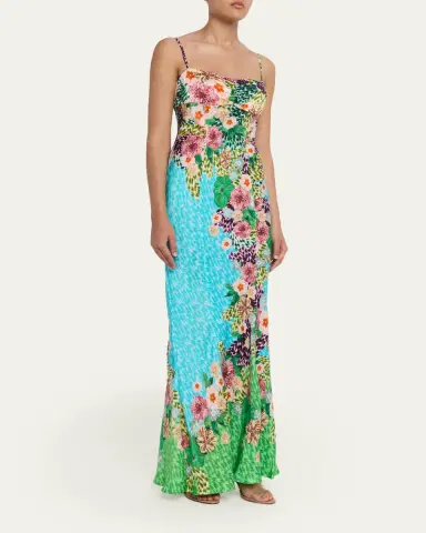 Saloni Renee Long Floral Silk Spaghetti-Strap Dress | Thumbnail 4 Saloni Renee Long Floral Silk Spaghetti-Strap Dress | Thumbnail 4