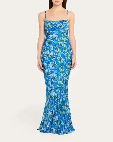 Saloni Renee Long Floral Silk Spaghetti-Strap Dress | Thumbnail 6 Saloni Renee Long Floral Silk Spaghetti-Strap Dress | Thumbnail 6