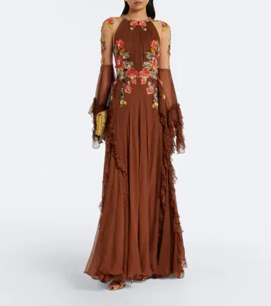 Costarellos Embroidered floral-appliqué silk gown | Thumbnail 4